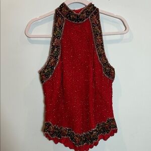 Vintage Christmas Embellished Beaded Silk Red Halter Top